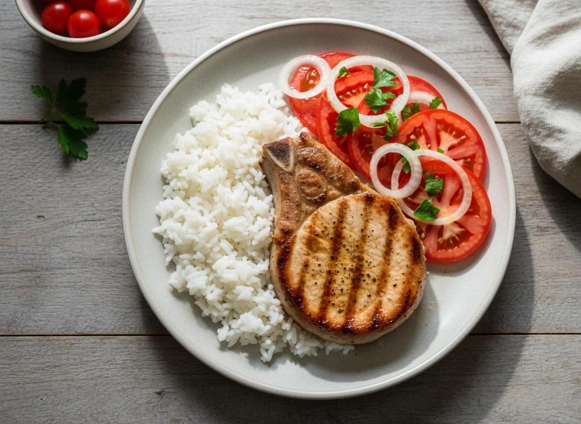 Pork Chop with Rice and Tomato Salad photo