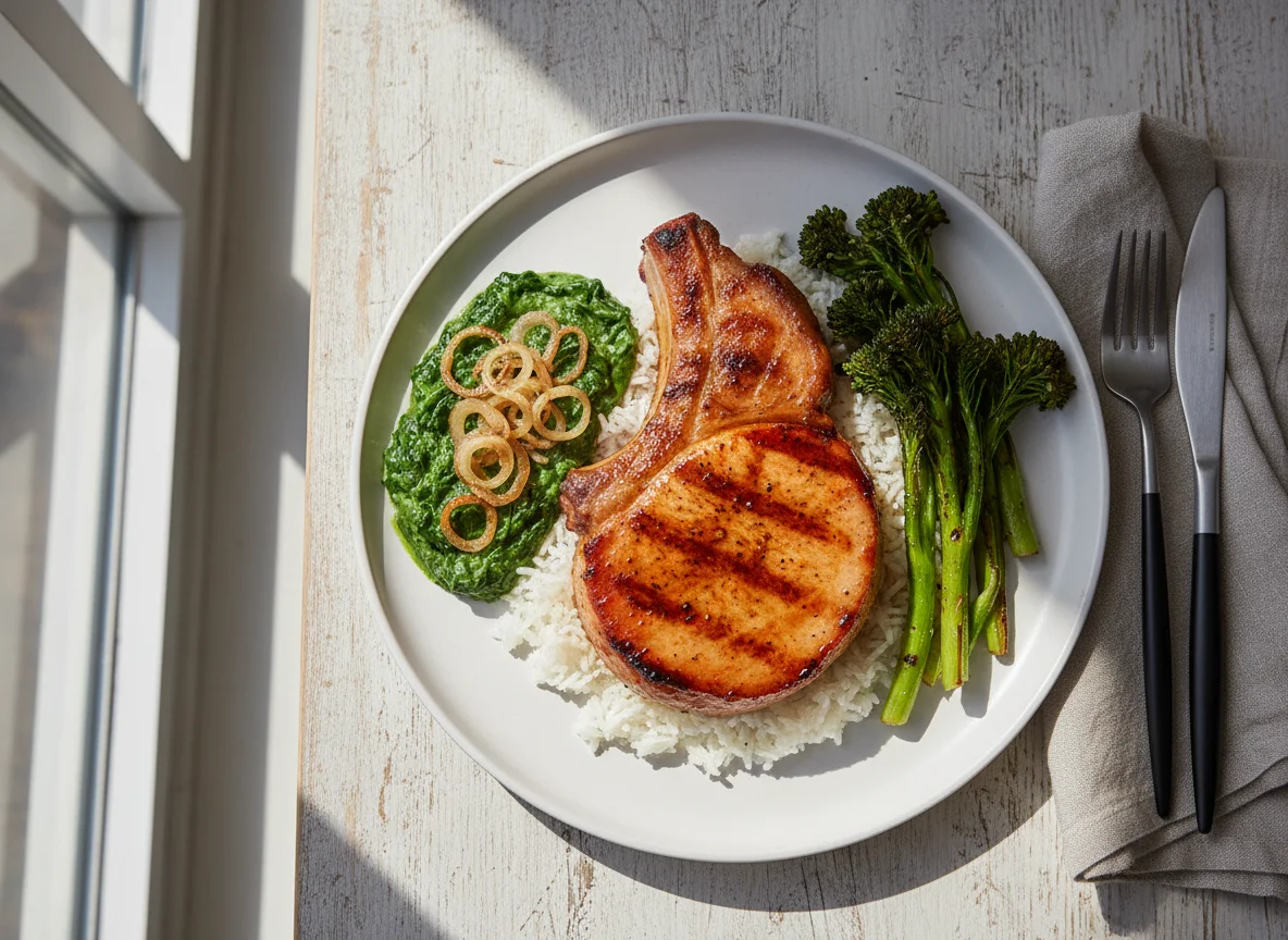 Pork chop with rice, creamed spinach, and broccolini photo