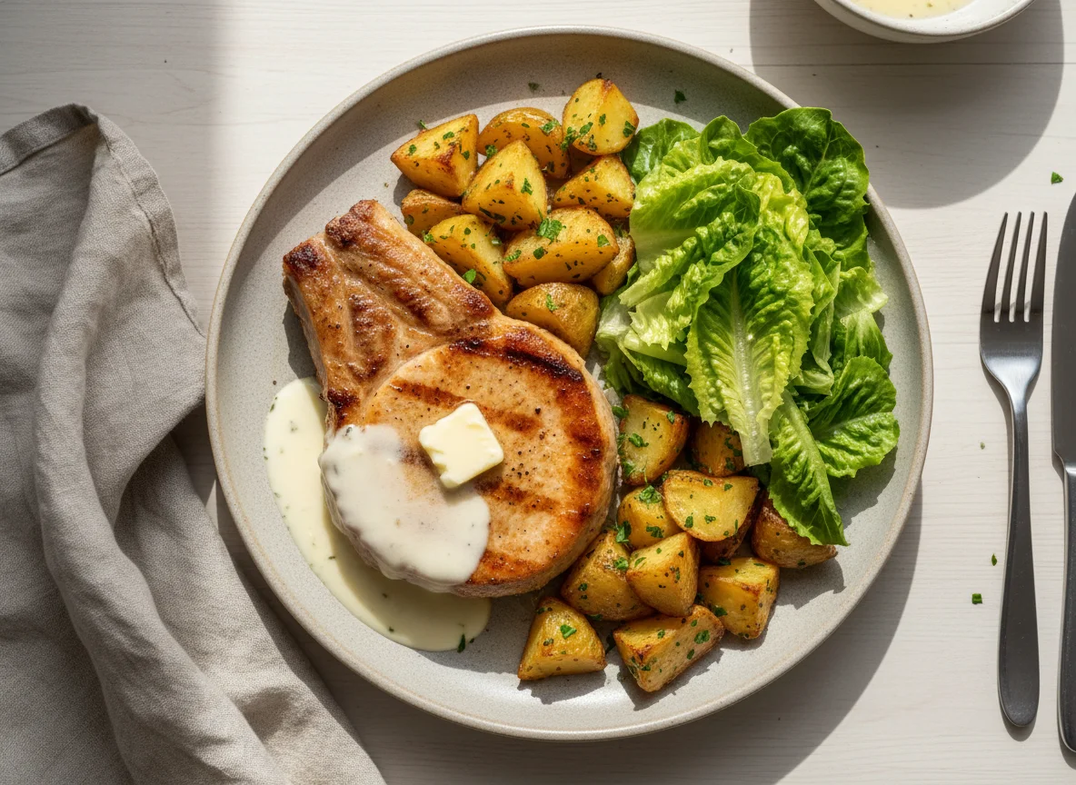 Pork chop with roasted potatoes and lettuce photo