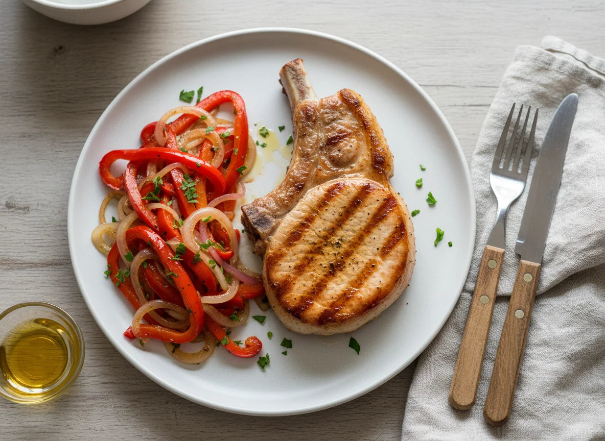 Pork Chop with Sautéed Peppers and Onions photo