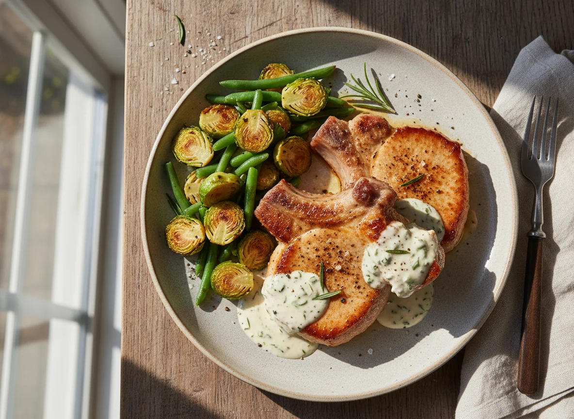 Pork Chops with Brussels Sprouts and Green Beans photo