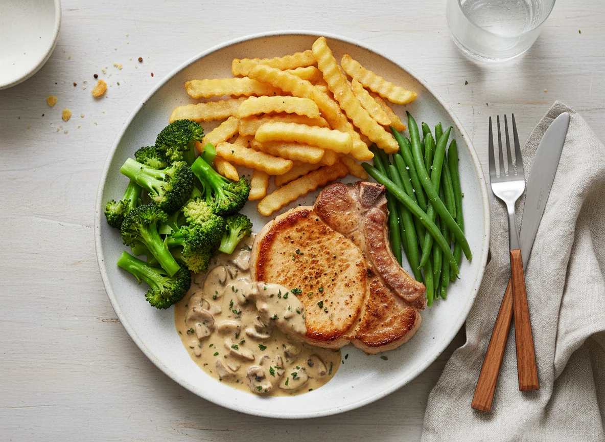 Pork Chops with Chips, Broccoli, Green Beans and Sauce photo
