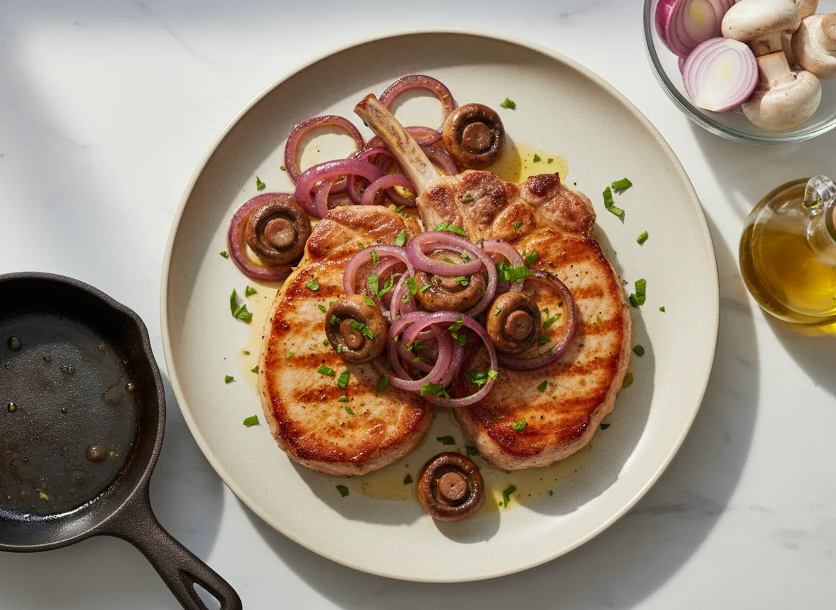 Pork Chops with Sautéed Onions and Mushrooms photo