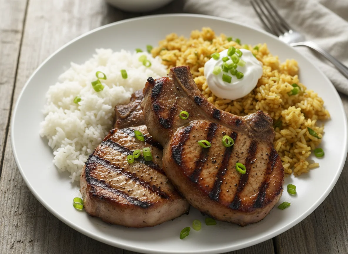 Pork Chops with White and Seasoned Rice photo