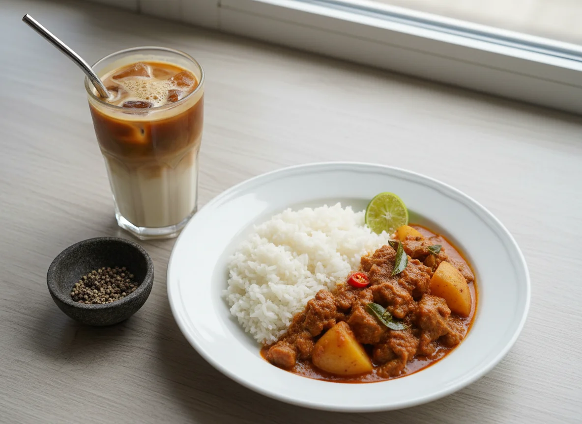 Pork Curry with Rice and Iced Coffee photo