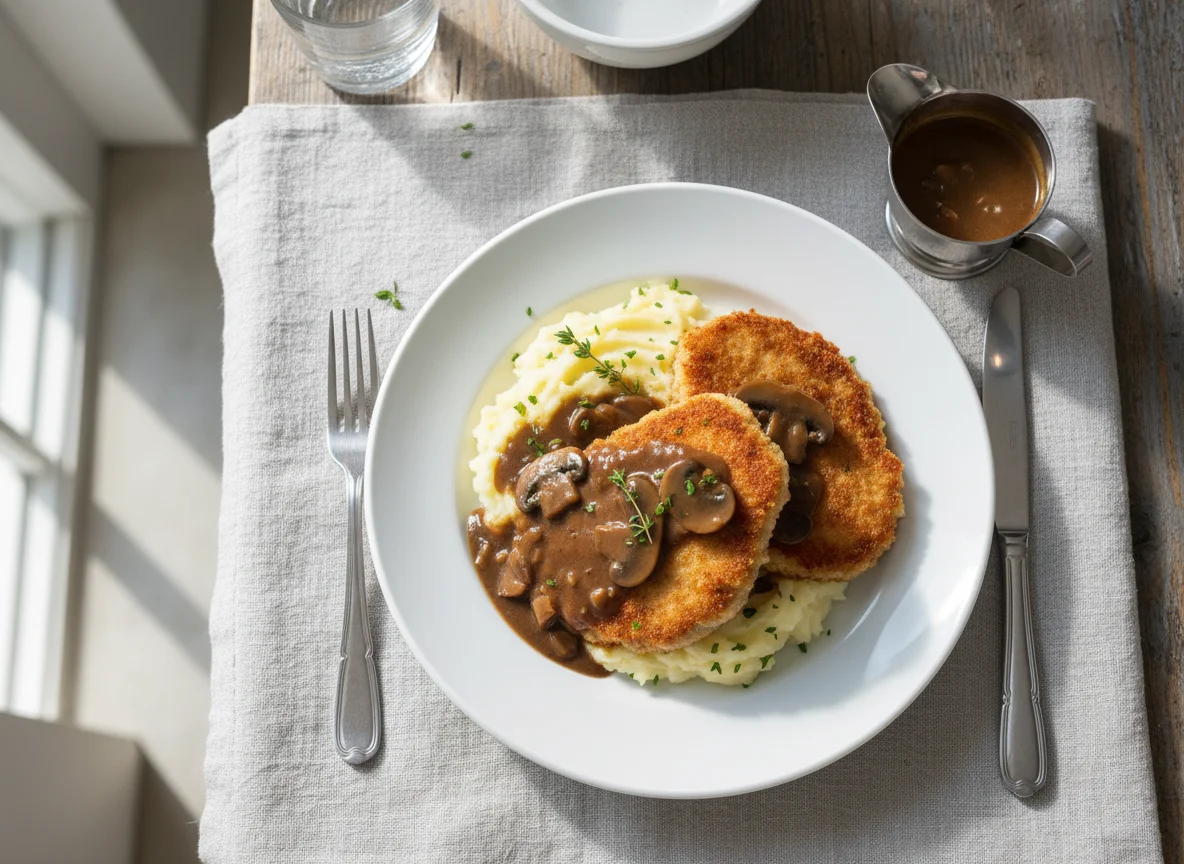 Pork Cutlets with Mashed Potatoes and Gravy photo