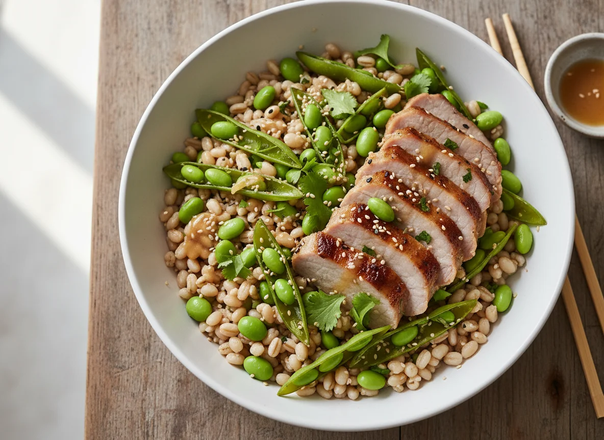 Pork, Edamame, and Pearl Barley Bowl photo
