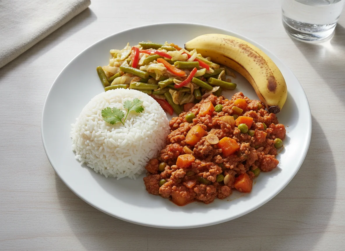 Pork Giniling with Ginisang Gulay and Rice photo