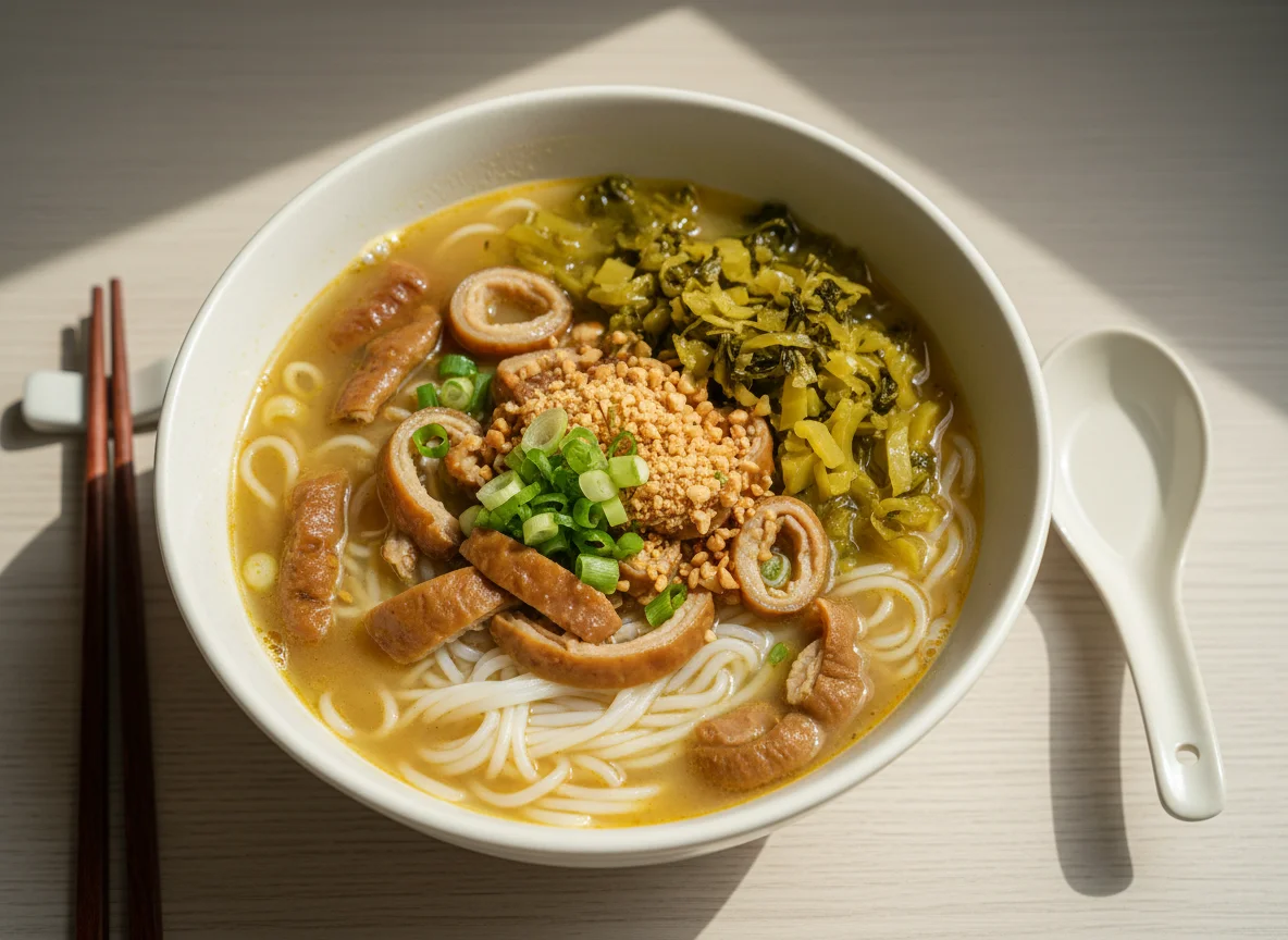 Pork Intestine Noodle Soup with Pickled Vegetables and Peanuts photo
