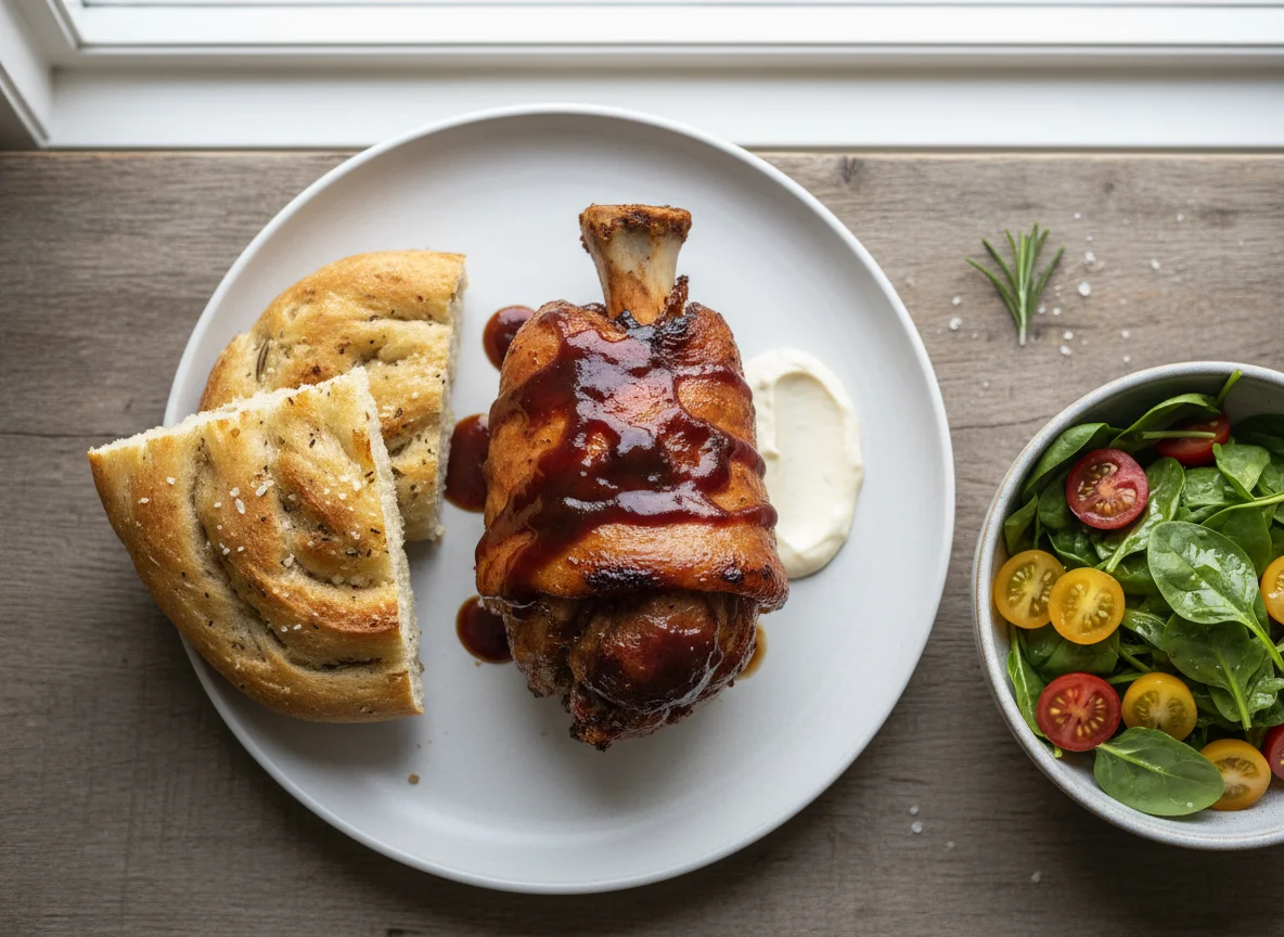 Pork Knuckle with Focaccia and Salad photo