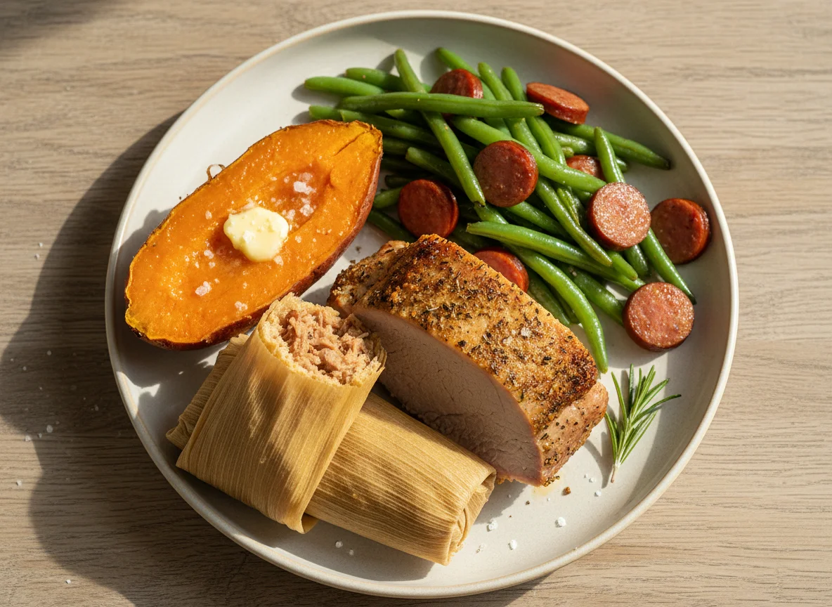 Pork Loin, Tamale, Sweet Potato, Green Beans with Sausage photo