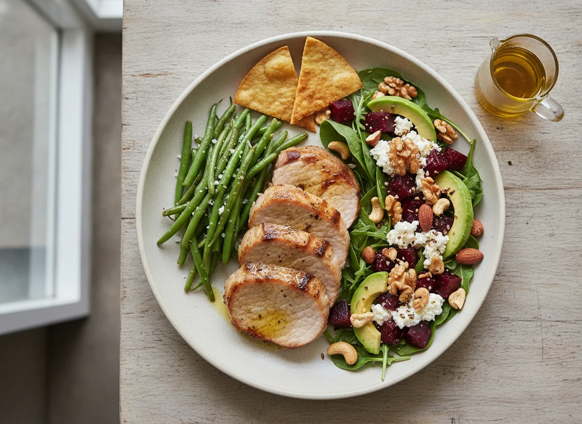 Pork loin with green beans, beetroot salad and avocado photo