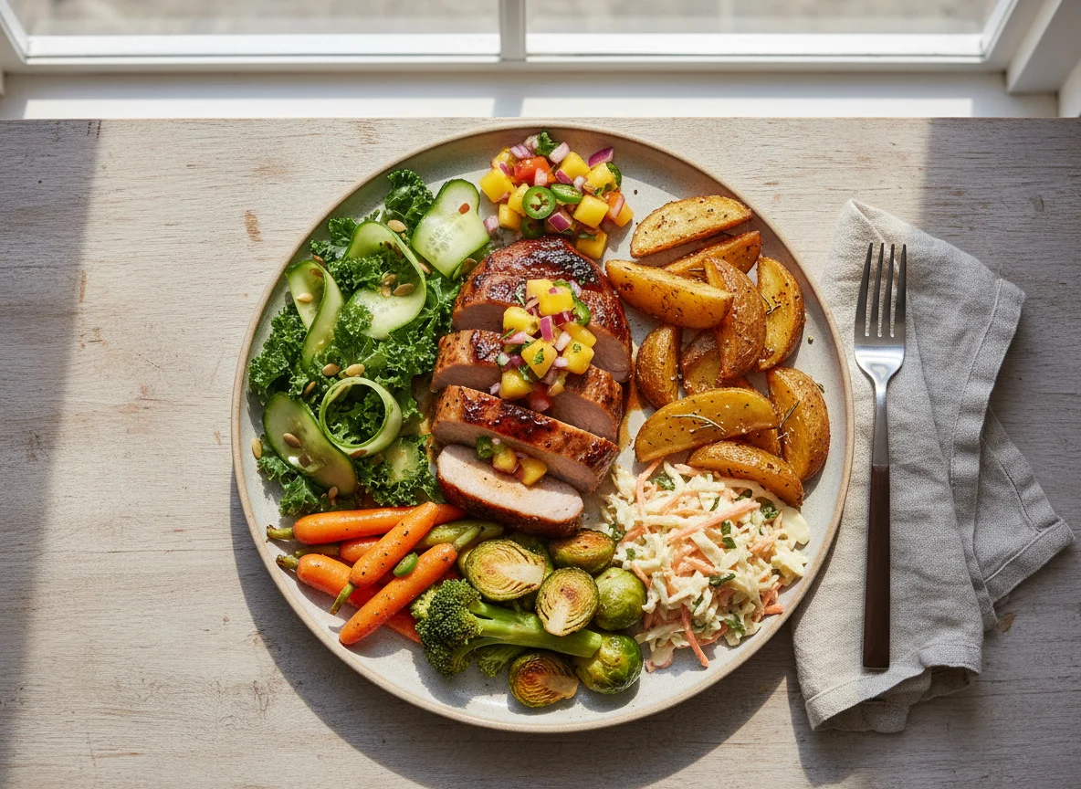 Pork Loin with Salsa, Roasted Potatoes, and Mixed Vegetables photo