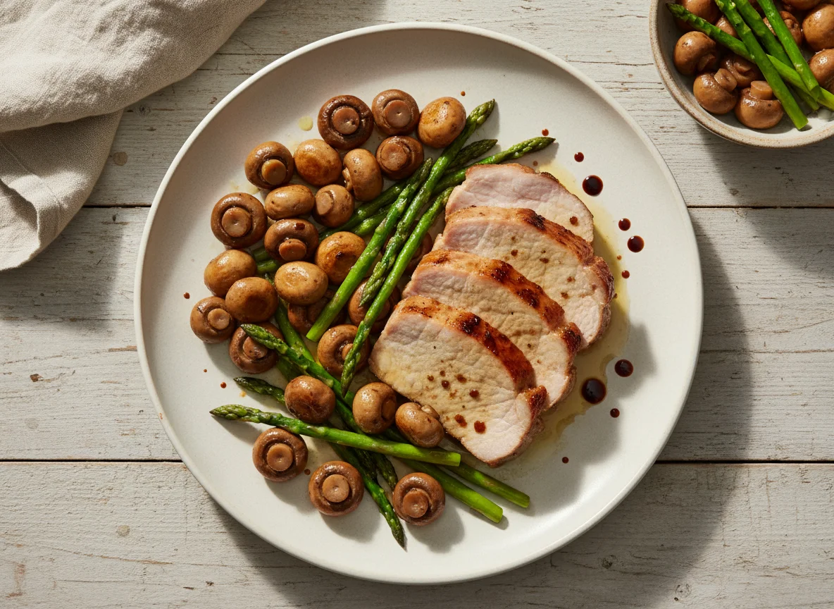 Pork Loin with Sautéed Mushrooms and Asparagus photo