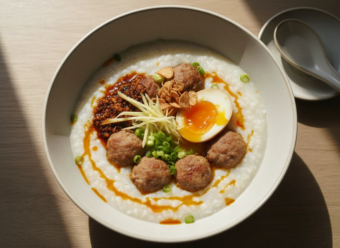 Pork Meatball Congee with Egg photo