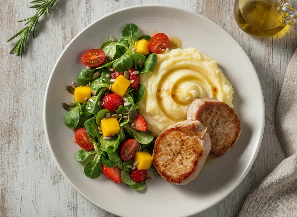 Pork medallions with mashed potatoes and mixed salad photo