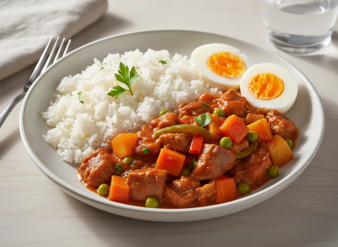 Pork Menudo with Rice and Hard-Boiled Eggs photo