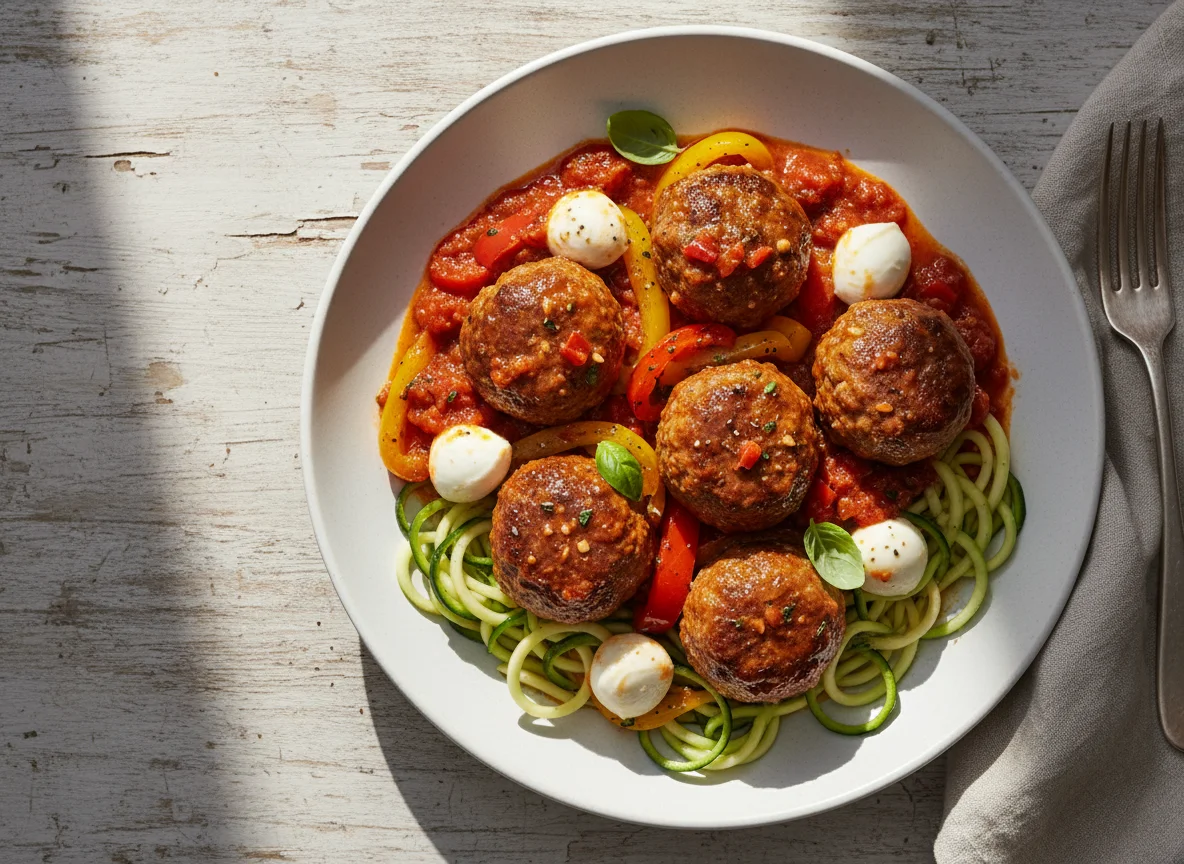 Pork & 'Nduja Meatballs with grilled peppers & mozzarella pearls photo