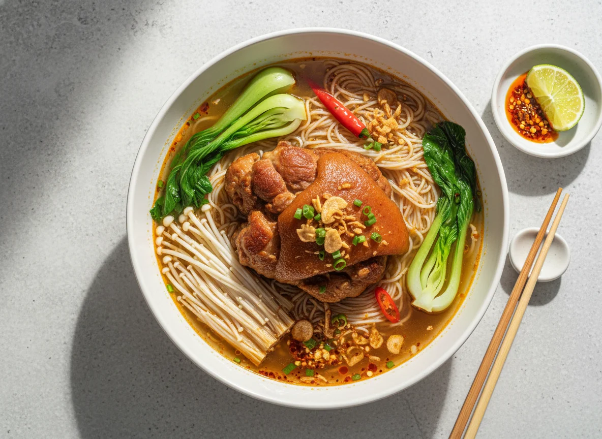 Pork Noodle Soup with Enoki Mushrooms and Greens photo