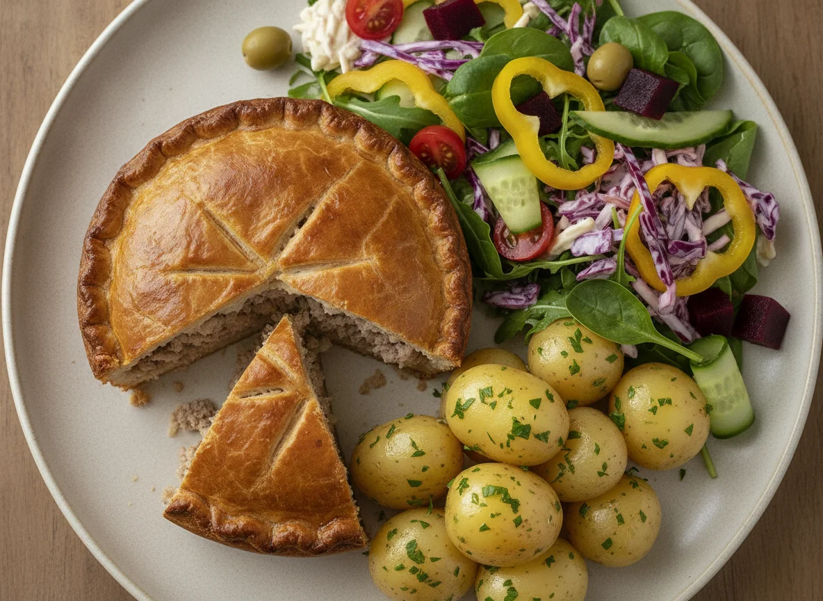 Pork pie with boiled potatoes and mixed salad photo