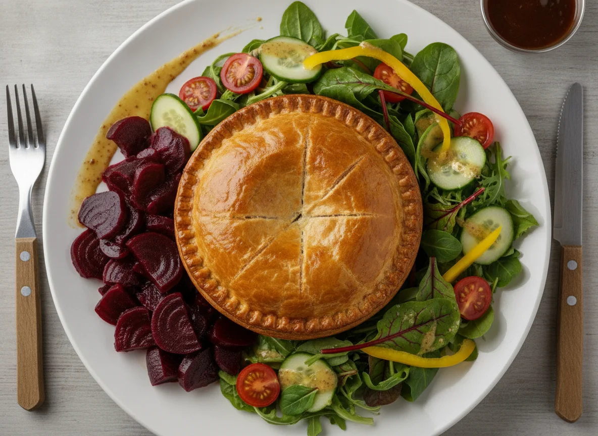 Pork pie with mixed salad and beetroot photo