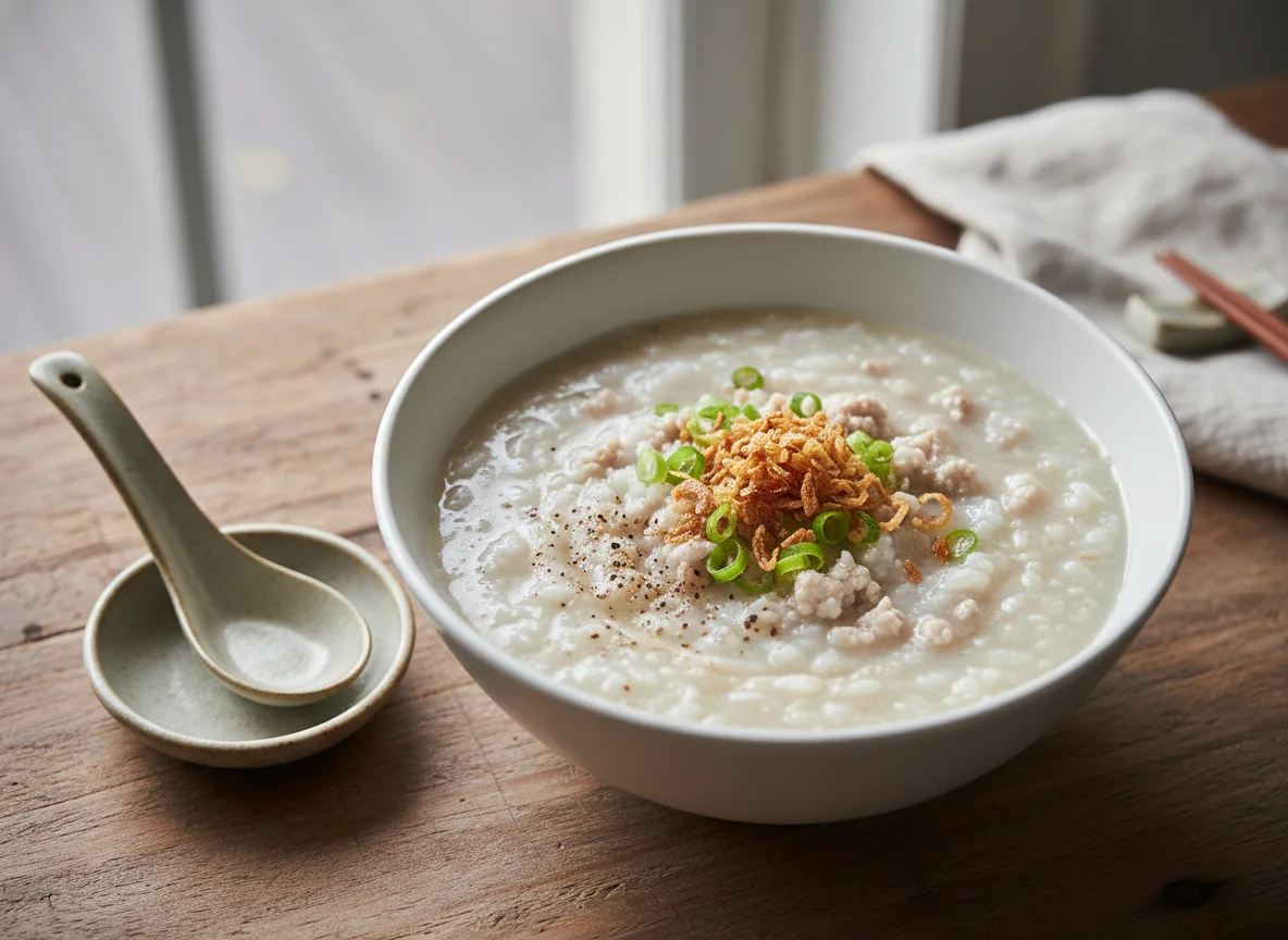 Pork Porridge with Fried Shallots and Spring Onions photo