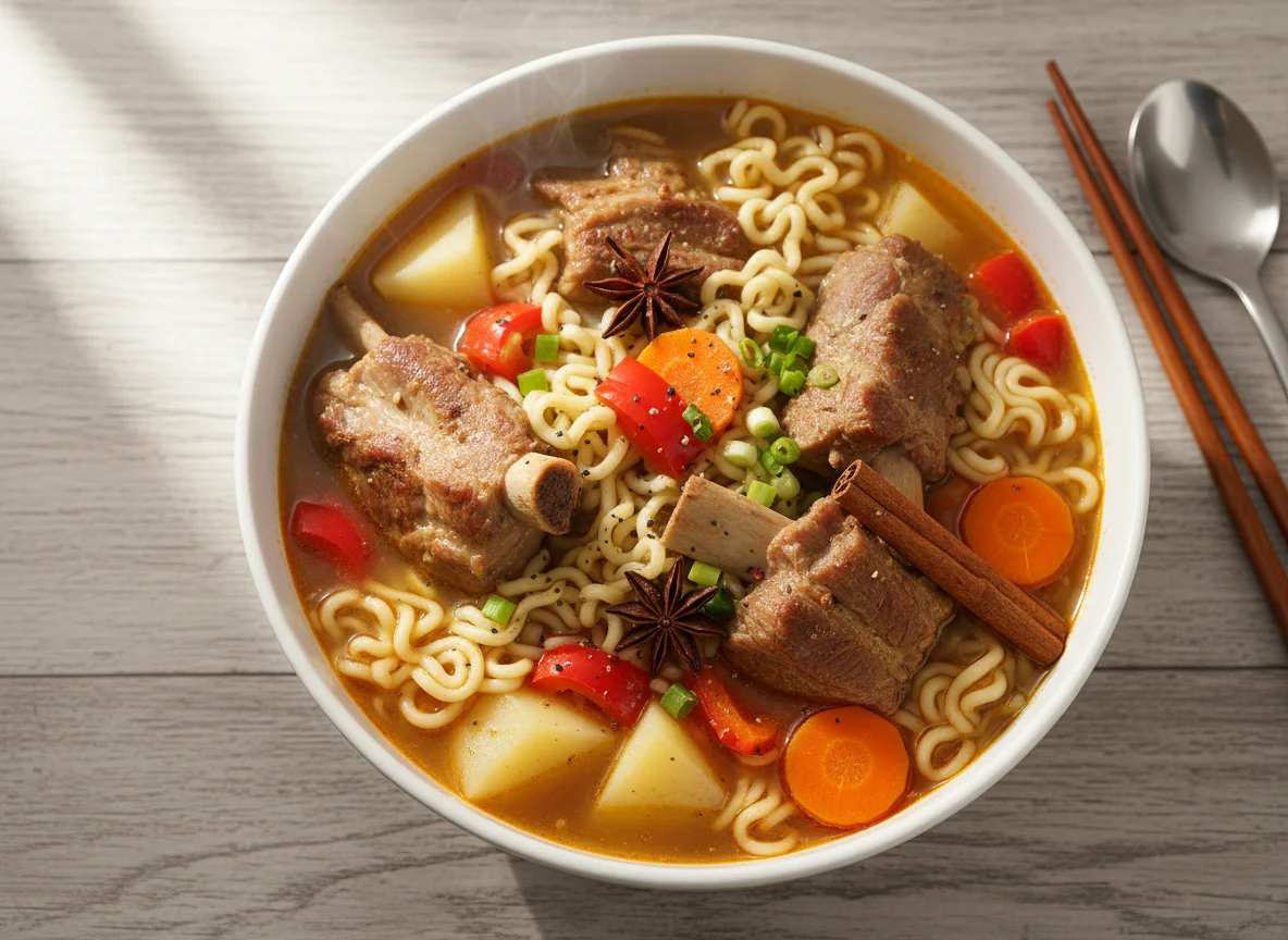 Pork rib soup with noodles and potatoes photo