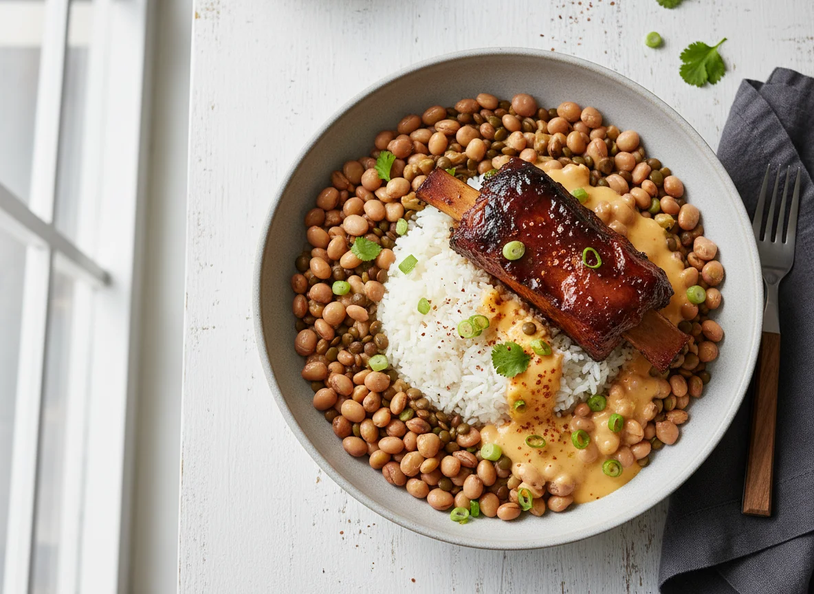 Pork rib with rice, lentils and cheese sauce photo
