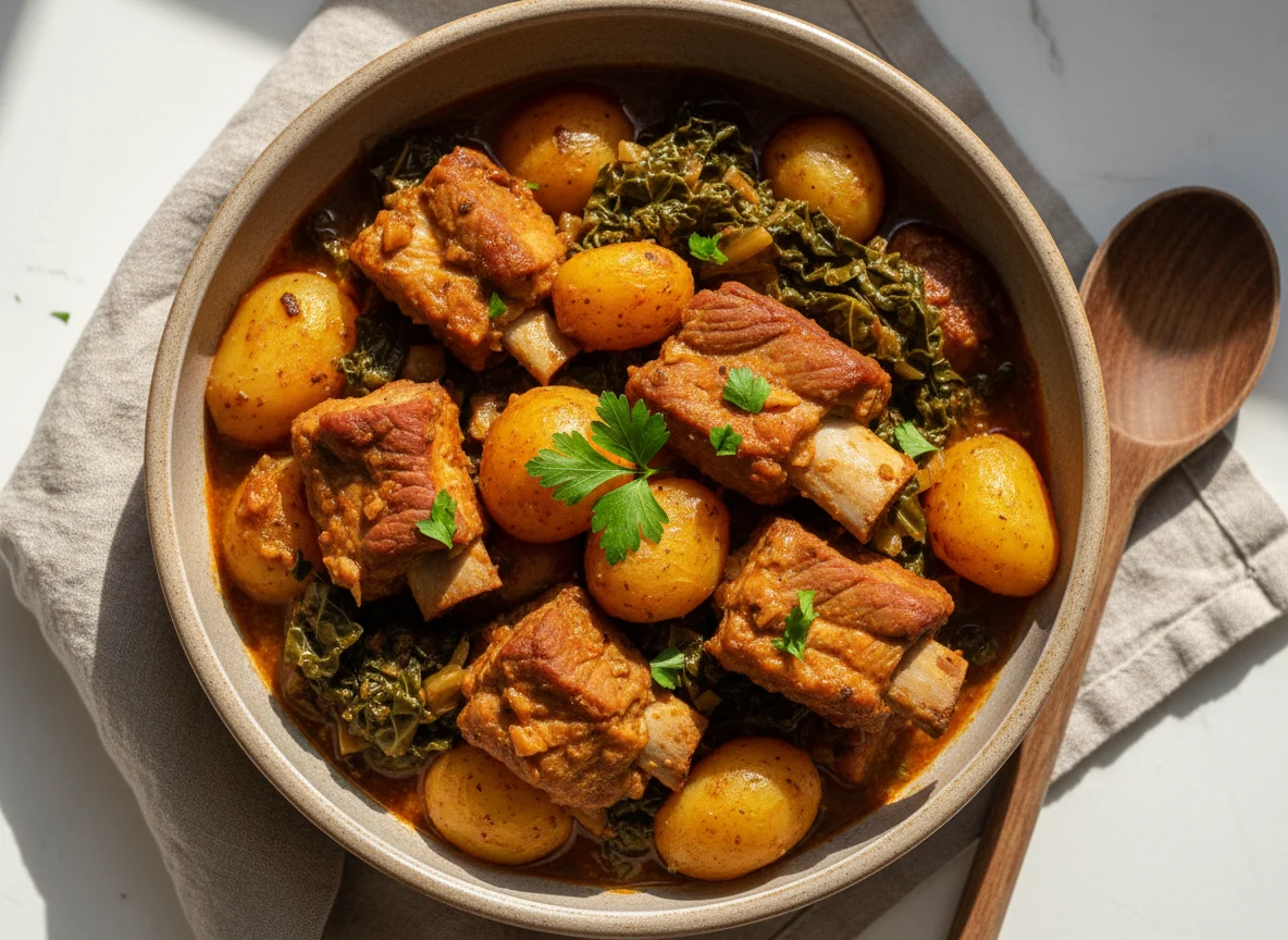 Pork Ribs and Potatoes Stew with Greens photo
