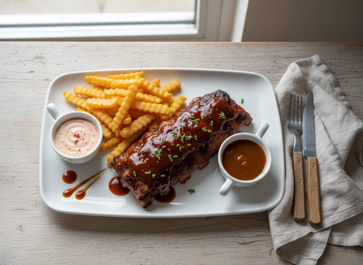 Pork ribs with fries and sauces photo