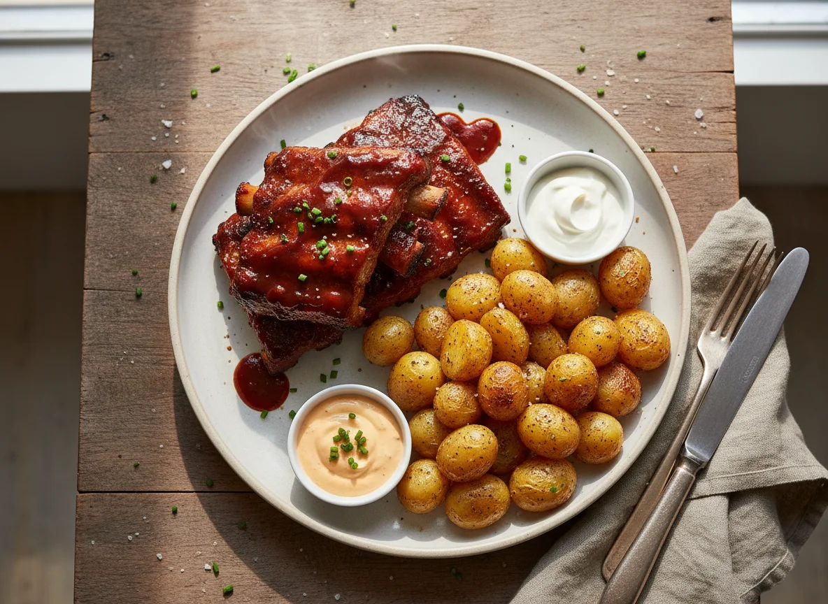 Pork Ribs with Roasted Potatoes and Sauces photo