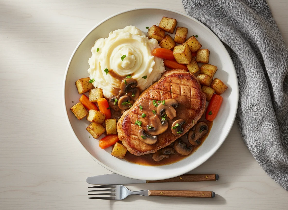 Pork Roast Dinner with Mashed Potatoes and Vegetables photo