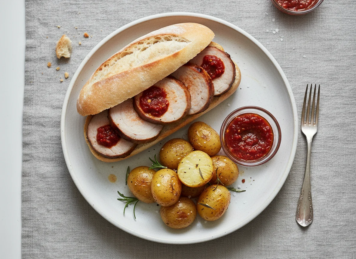 Pork roll with roasted potatoes and chilli sauce photo