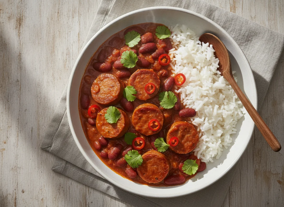 Pork sausage and bean stew with rice photo