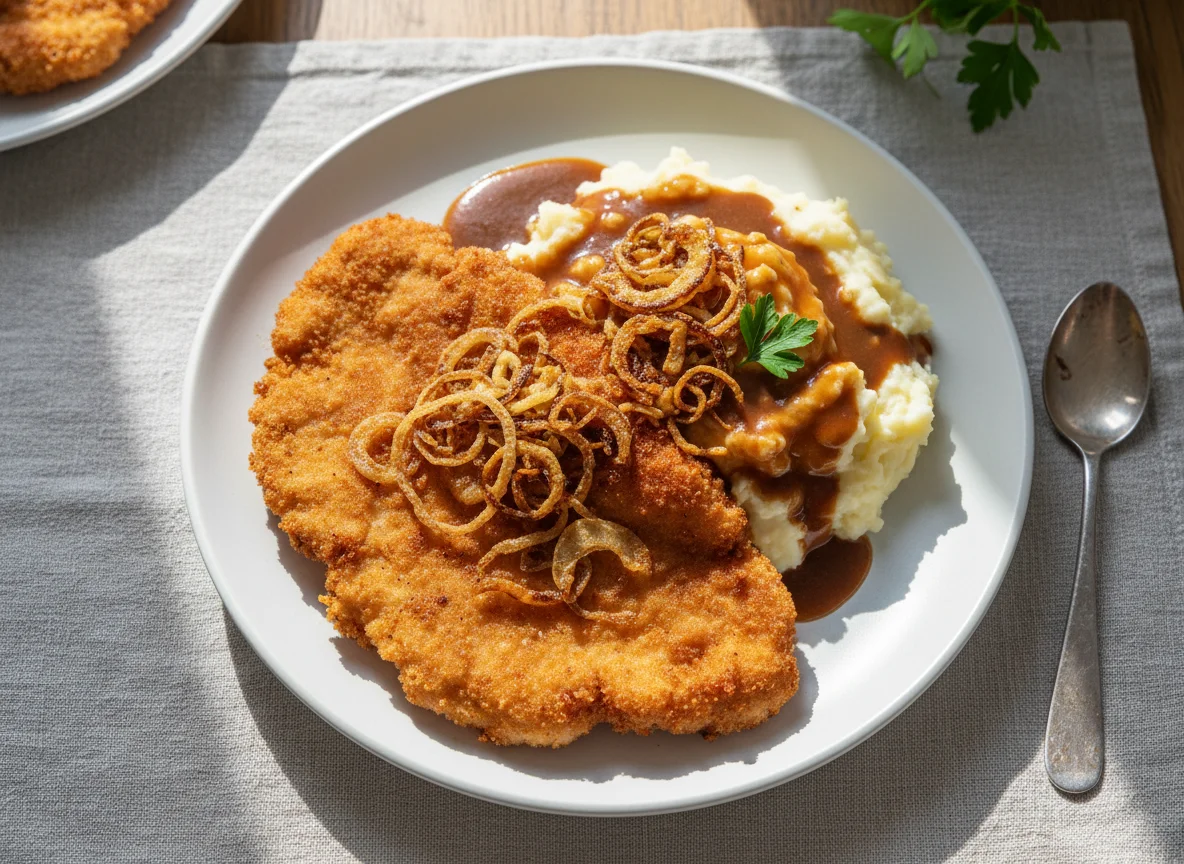 Pork Schnitzel with Mashed Potatoes and Gravy photo