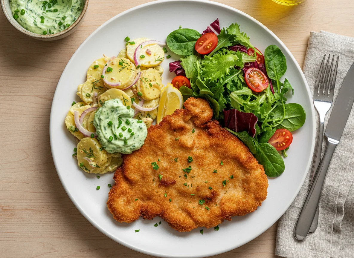 Pork Schnitzel with Potato Salad and Green Salad photo