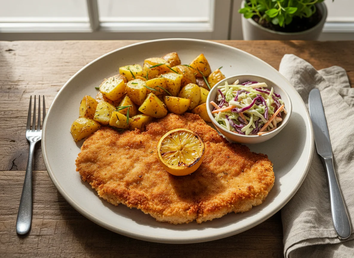 Pork Schnitzel with Roasted Potatoes and Coleslaw photo