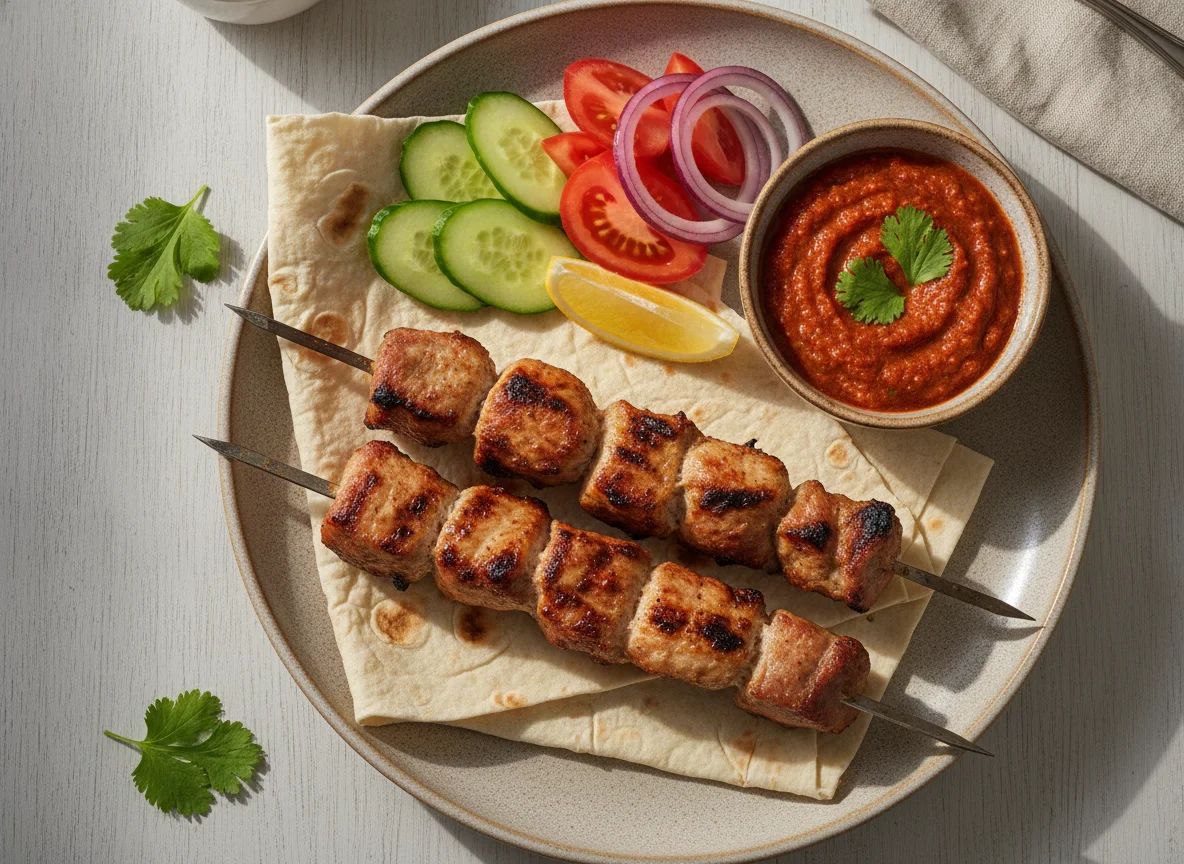 Pork Shashlik with Lavash and Vegetables photo
