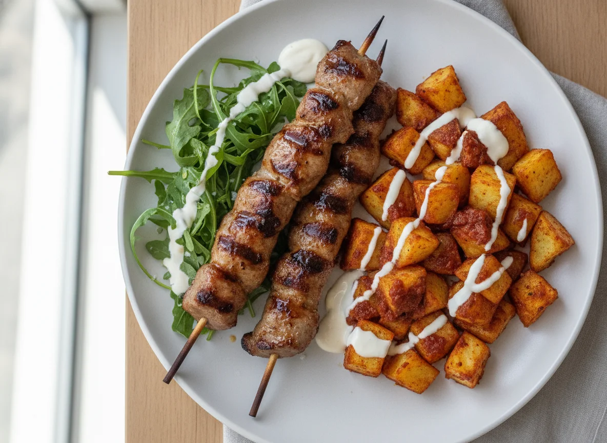 Pork Skewer with Patatas Bravas and Arugula photo