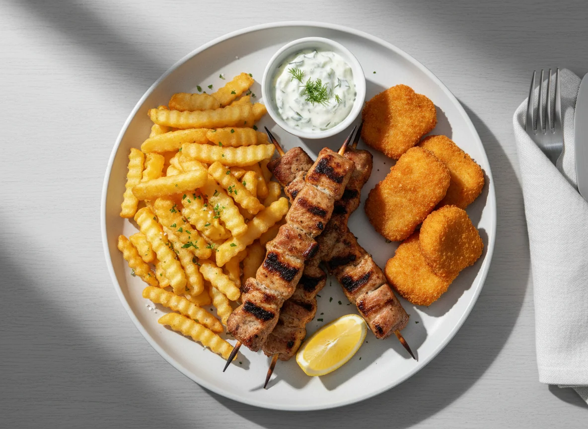 Pork Souvlaki with French Fries and Chicken Nuggets photo