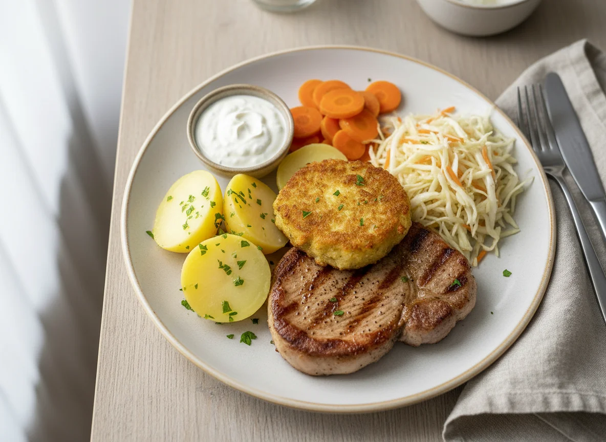 Pork steak with cabbage fritter and potatoes photo