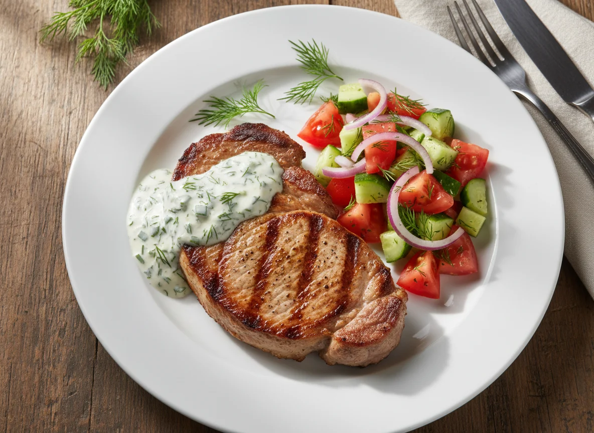 Pork steak with creamy dill sauce and tomato-cucumber salad photo