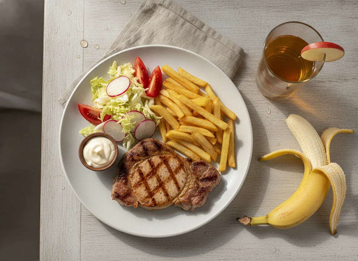 Pork steak with french fries, salad, banana and apple juice photo