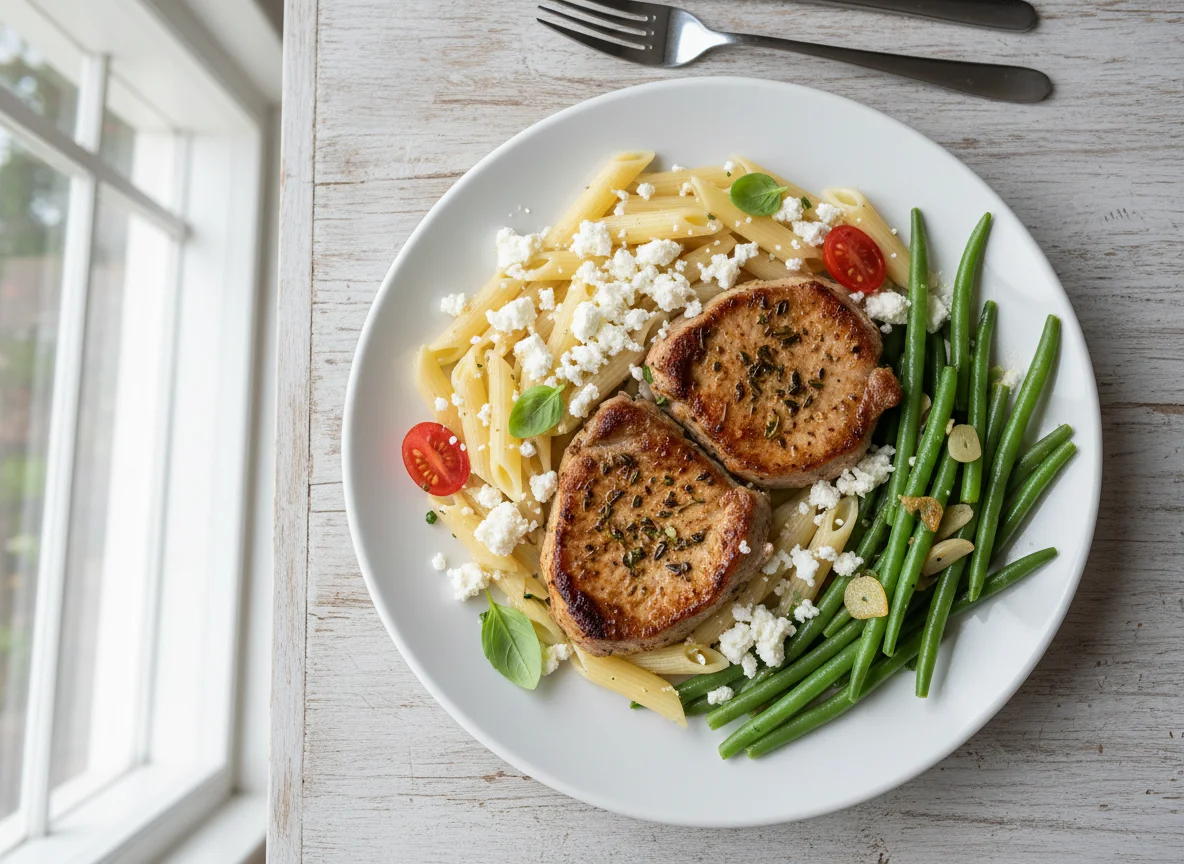 Pork steak with pasta and green beans photo
