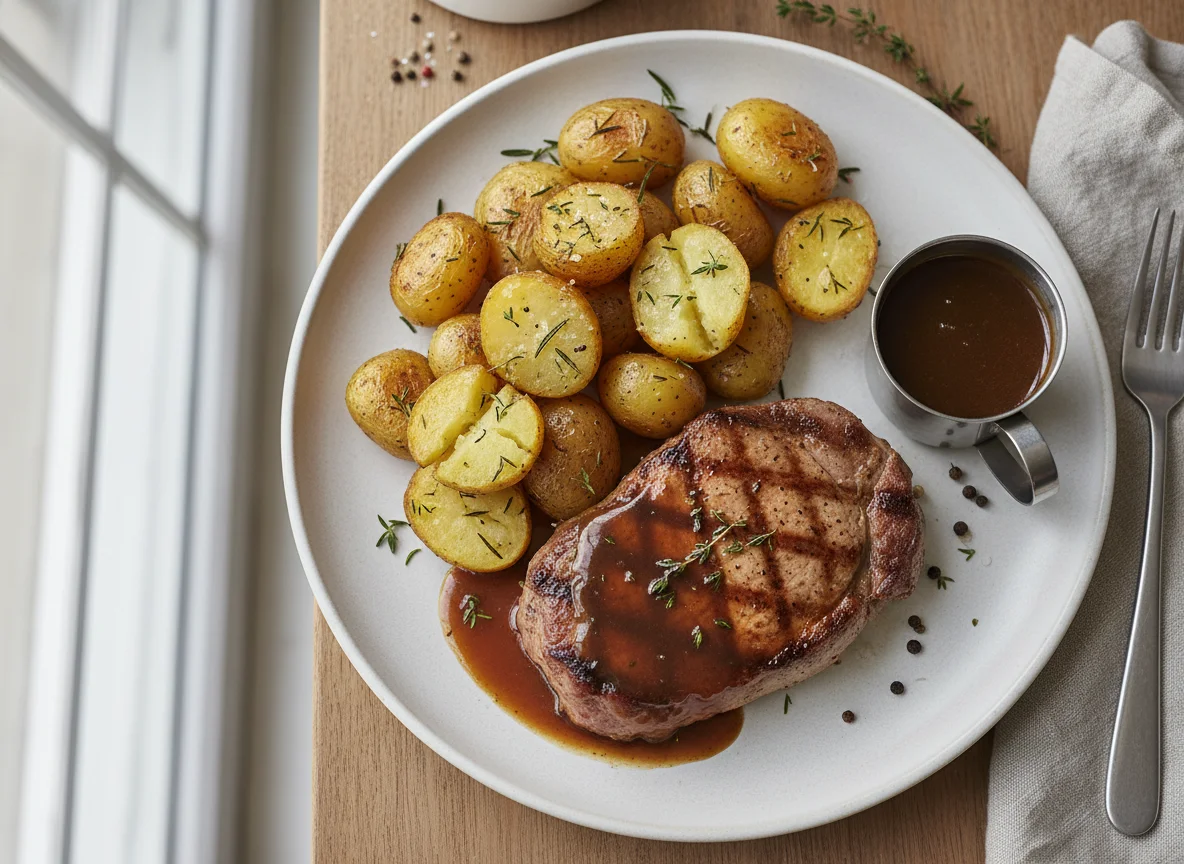 Pork steak with roasted potatoes and gravy photo
