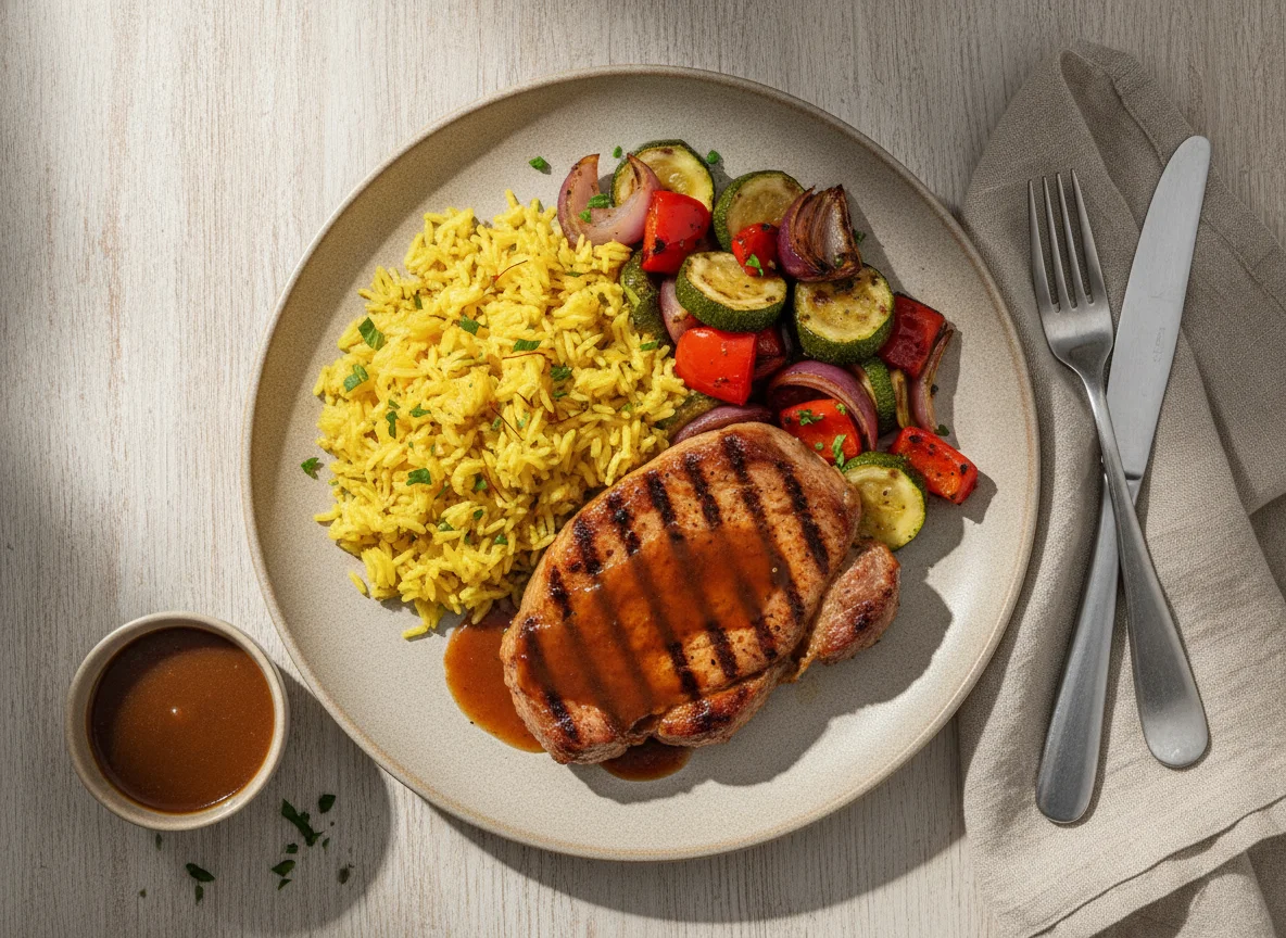 Pork steak with saffron rice and roasted vegetables photo