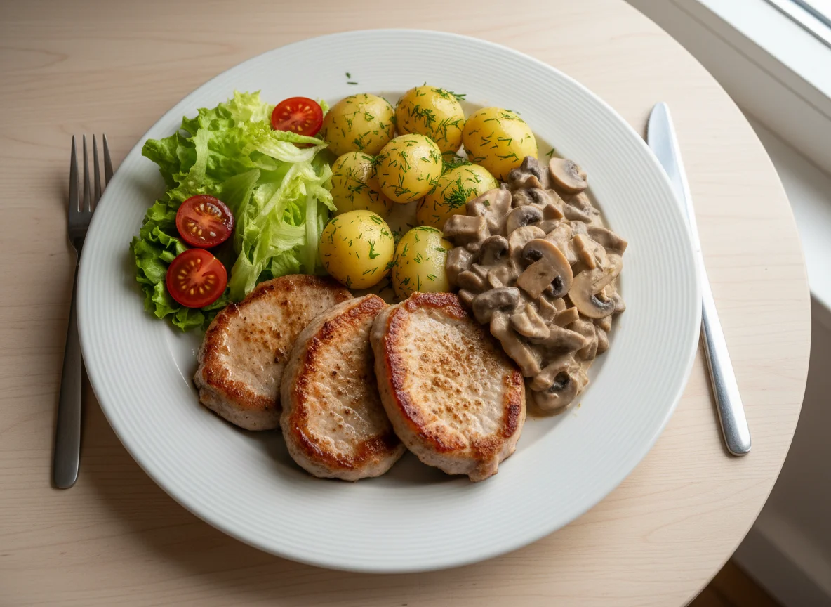 Pork steaks with boiled potatoes and mushroom sauce photo