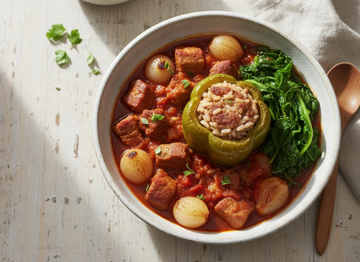 Pork Stew with Baby Onions and Stuffed Peppers photo
