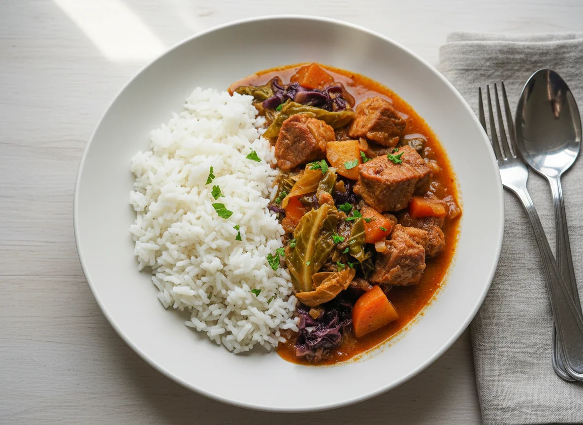 Pork stew with cabbage and rice photo