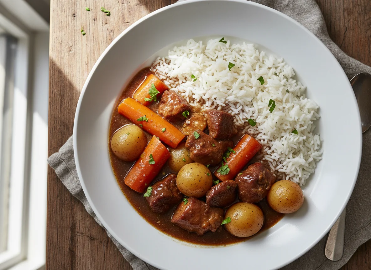 Pork stew with carrots and rice photo